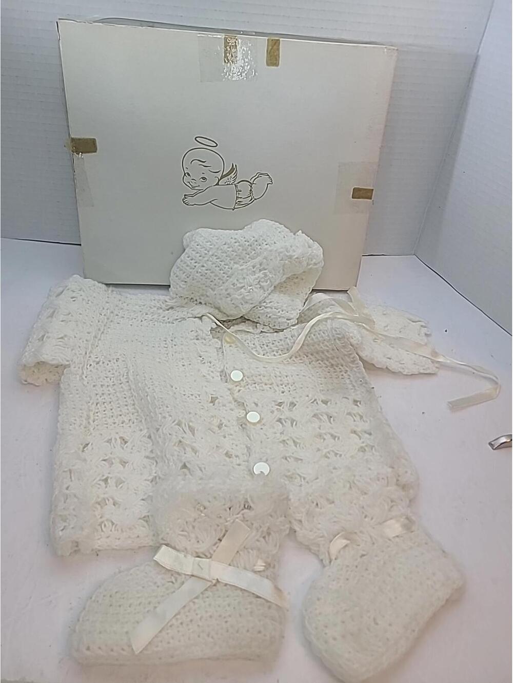 Crocheted Gift Set For Baby In Original Box Vintage White Button Sweater Booties